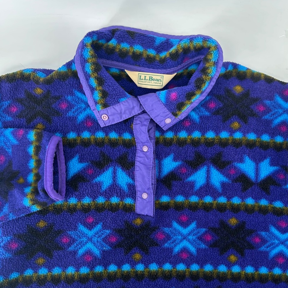 L.L. Bean Fleece Pullover Women M Purple Geometric Snowflake Vintage Snap Neck